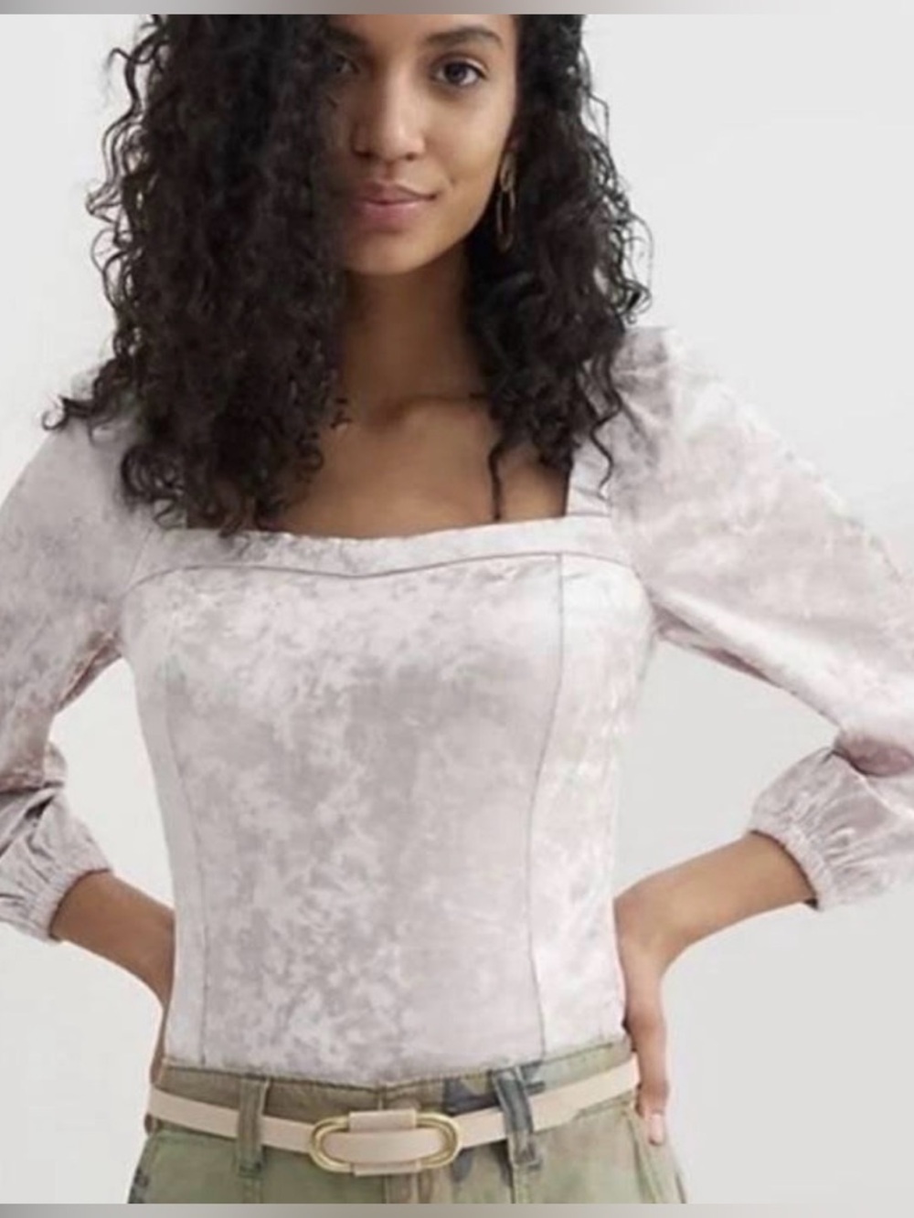 Anthropologie Jasmina Velvet Top Blush Pink Square Neck Puff Sleeve Smocked Back